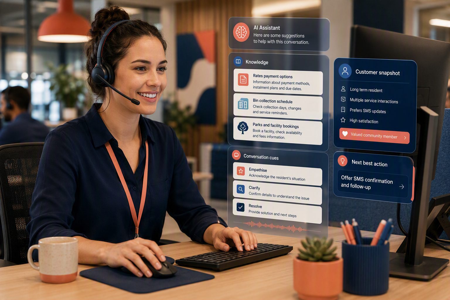 Customer service agent on a headset, with AI suggestions on screen